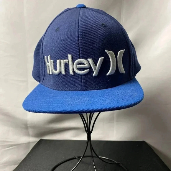 HURLEY MENS HAT BLUE HAT EMBROIDERED WHITE HURLEY DESIGN SNAPBACK WOOL BLEND - Picture 1 of 11